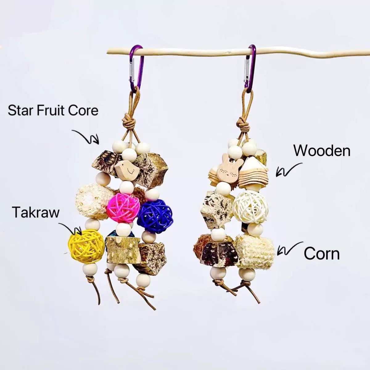 24cm Natural Style Takraw & Fruit Bite Hanging Natural Parrot Birdie T