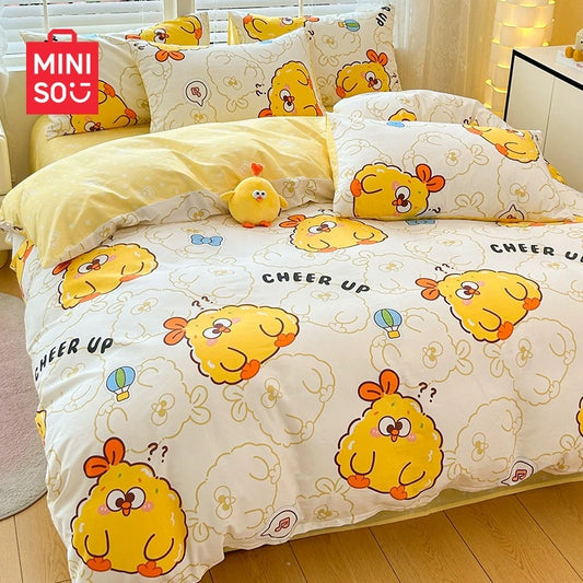 Lovely Chicken Fat Dundun Bedding Cotton 4pcs Set | Fried Shrimp DunDun Cheer Up Yellow - Children Gift Animal Kawaii Item Room Decoration