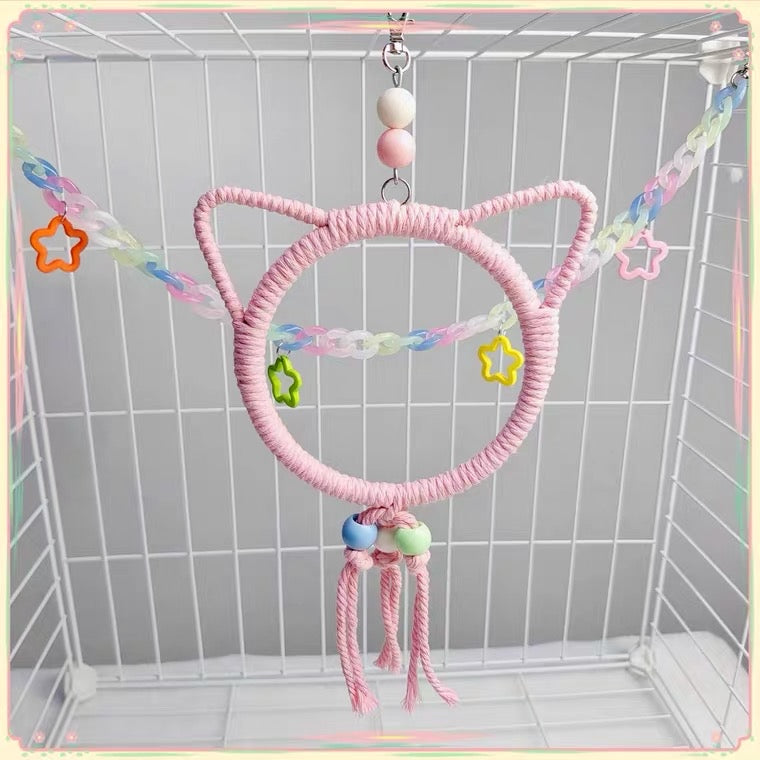 11.5-15cm SML Size Kawaii Style Cat Pastel Rope Swings Parrot Birdie Toy for Small Medium Parrot