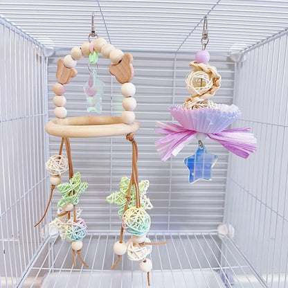 Wooden Bear with Acrylic Stars Wind Chines Swings & Cake Star Bird Bites Hanging Toy Handmade Bird Toys Organic Bird Cages Accessories