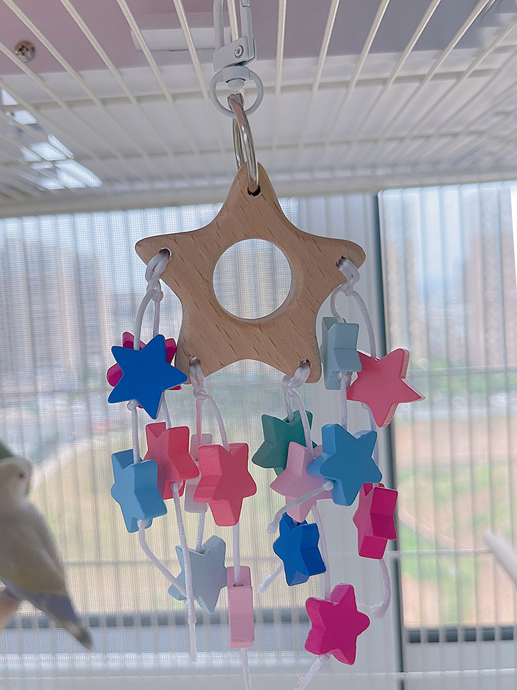 20cm Parrot Toy Colourful Wooden Stars | Star Rocking Horse Cloud - Bird Bites Hanging Toy Handmade Bird Toys Organic Bird Cages Accessories