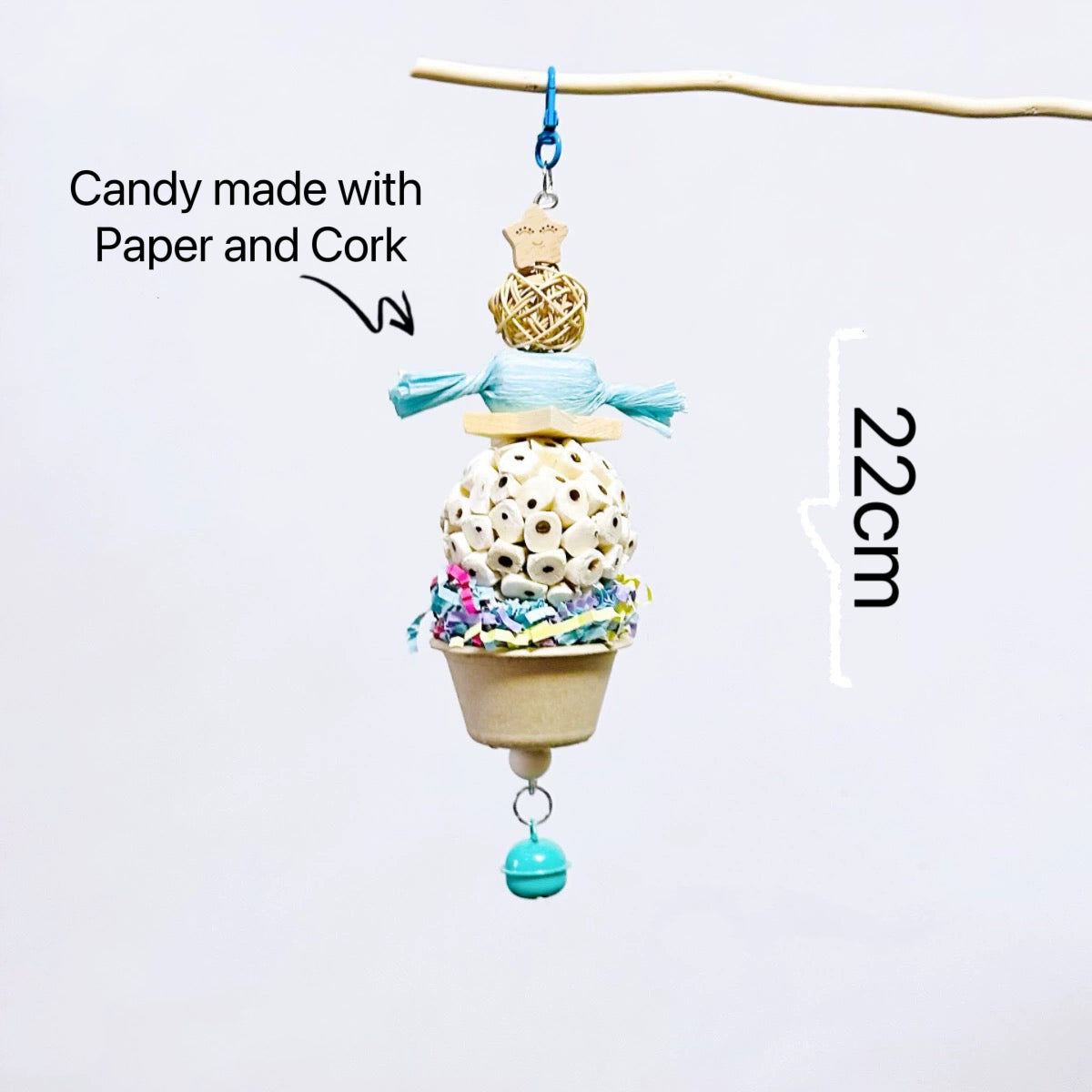 22cm Kawaii Style Colourful Candy with CupCake Bell Bite Hanging Natural Parrot Birdie Toy for Small Medium Size Parrot Cages Accessories