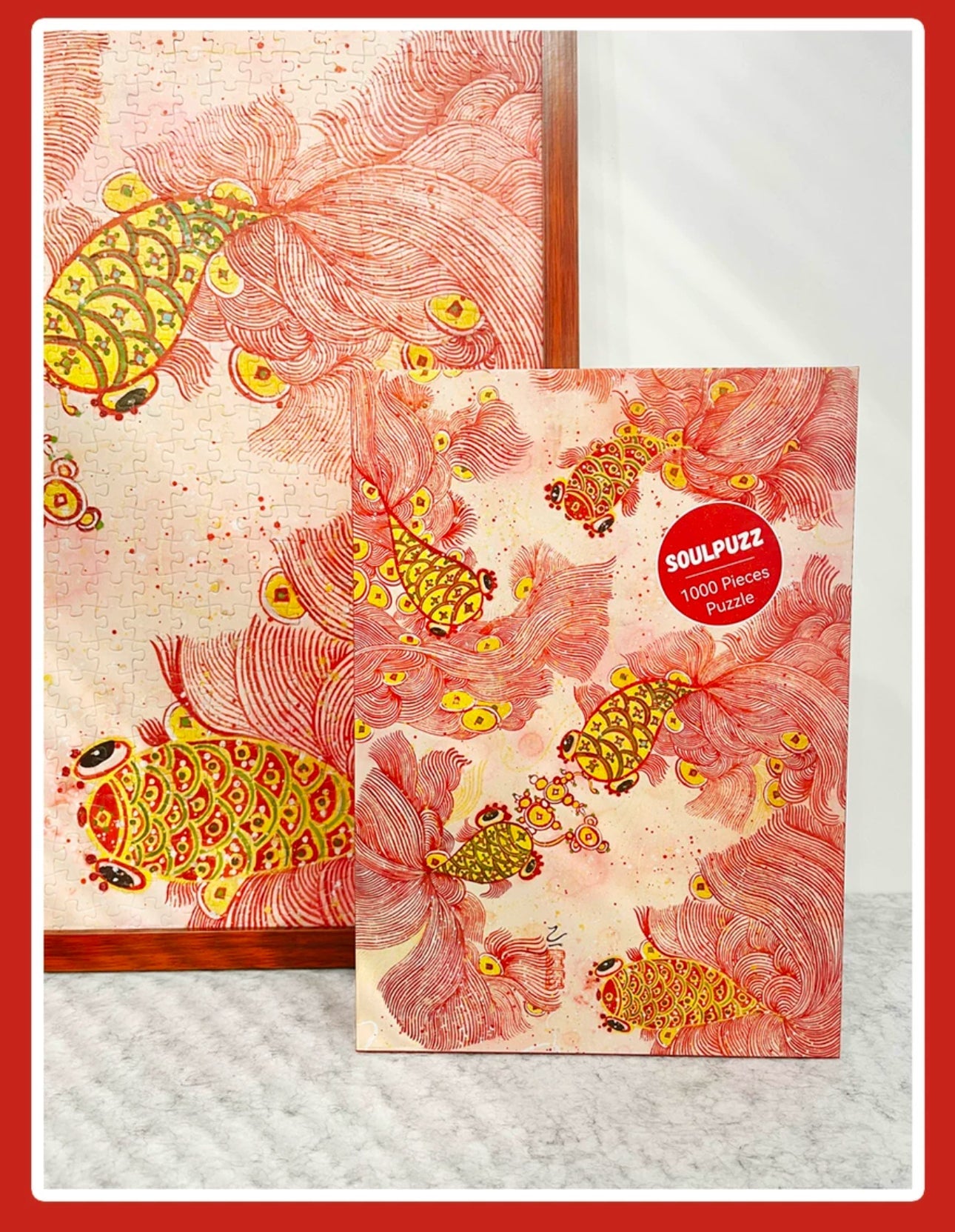 SOULPUZZ 1000 Pieces Puzzle | Koi Goldfish Circular Wealth Shinning - Chinese Japanese Style Difficulty Decompression Couples Trendy Gifts Home Decoration