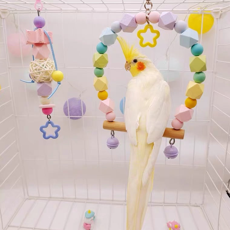 10-15cm Kawaii Style Dreamy Star with Bells Wooden Swings Handmade Bird Toys Organic Bird Cages Accessories Small Parrot Lovebird Budgie