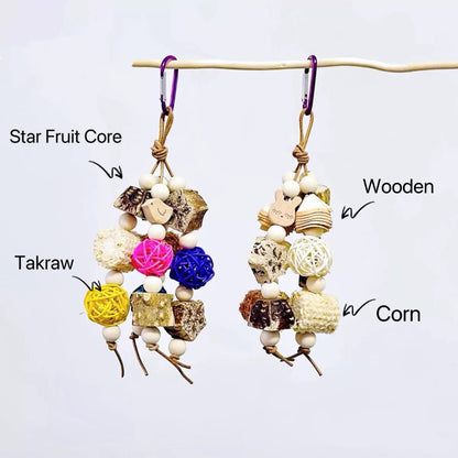 24cm Natural Style Takraw & Fruit Bite Hanging Natural Parrot Birdie Toy for Small Medium Size Parrot Cages Accessories