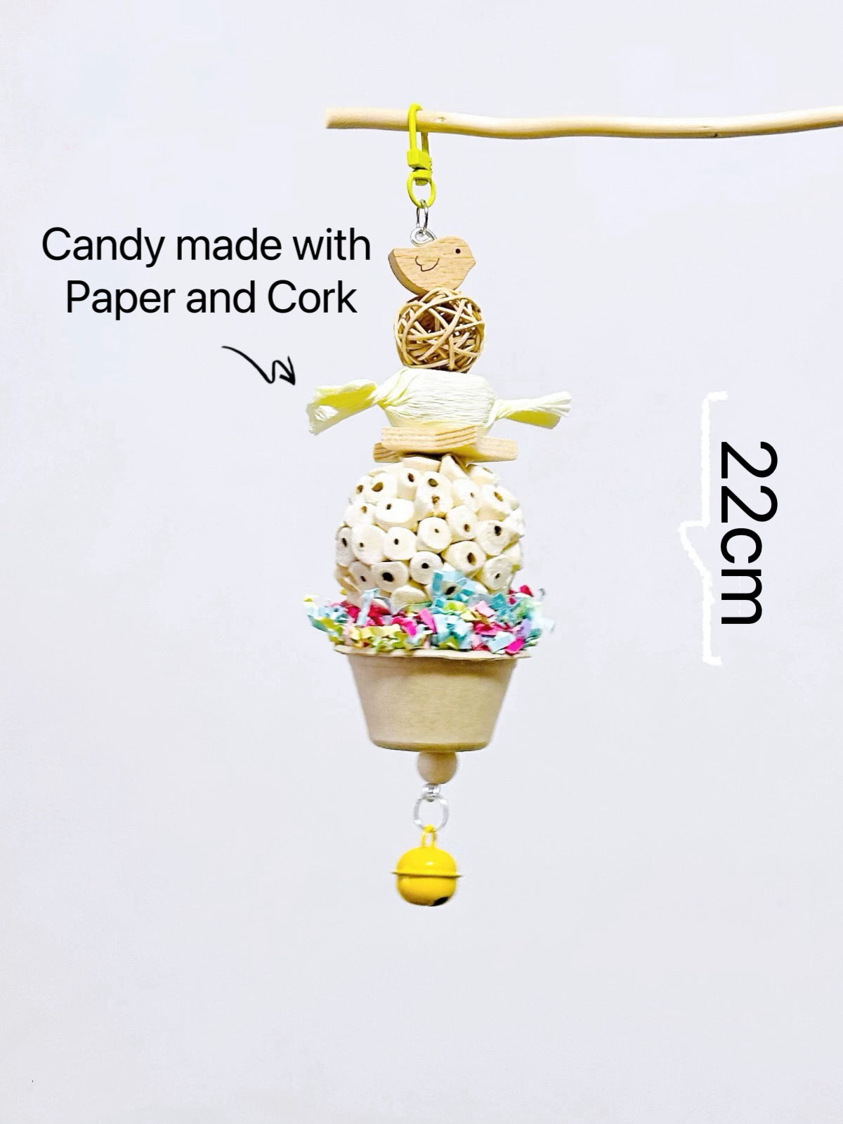 22cm Kawaii Style Colourful Candy with CupCake Bell Bite Hanging Natural Parrot Birdie Toy for Small Medium Size Parrot Cages Accessories