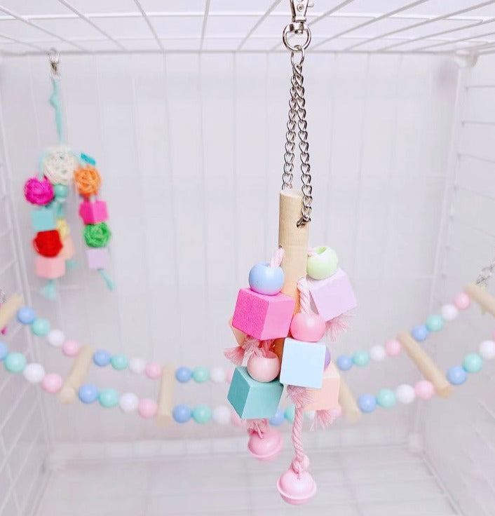 20cm Kawaii Style Wooden Square with Bells Bird Bites Hanging Toy Handmade Bird Toys Organic Bird Cages Accessories