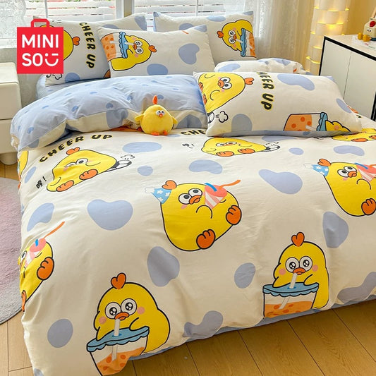 Lovely Chicken Fat Dundun Bedding Cotton 4pcs Set | Funny Lovely DunDun Cheer Up Blue - Children Gift Animal Kawaii Item Room Decoration