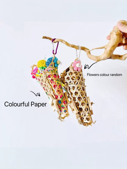 22cm Fun Style Colourful Bamboo Crepe Bite Hanging Natural Parrot Birdie Toy for Small Medium Size Parrot Cages Accessories