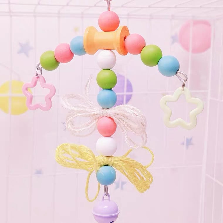 20cm Kawaii Style Wooden Parts with Bells | Colourful Star - Bird Bites Hanging Toy Handmade Bird Toys Organic Bird Cages Accessories