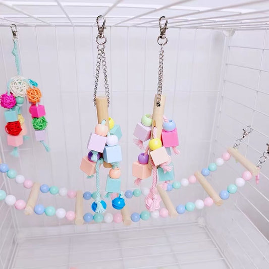 20cm Kawaii Style Wooden Square with Bells Bird Bites Hanging Toy Handmade Bird Toys Organic Bird Cages Accessories