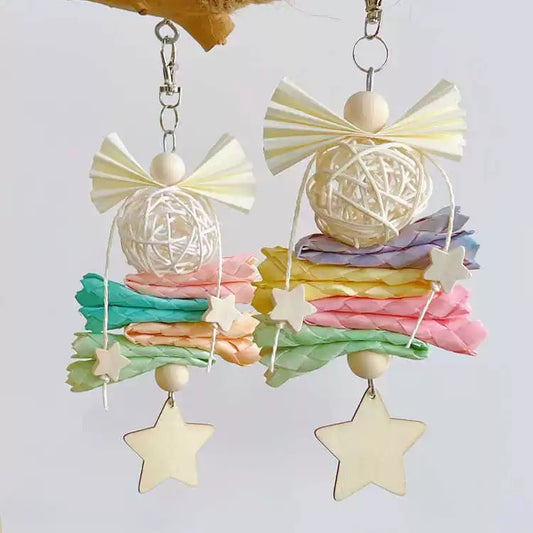 22x9cm Dreamy Style Wooden Star with Palm Leaf Takraw Ball Parrot Handmade Bird Toys Organic Bird Cages Accessories Lovebird Budgie Pacific Parrotlet