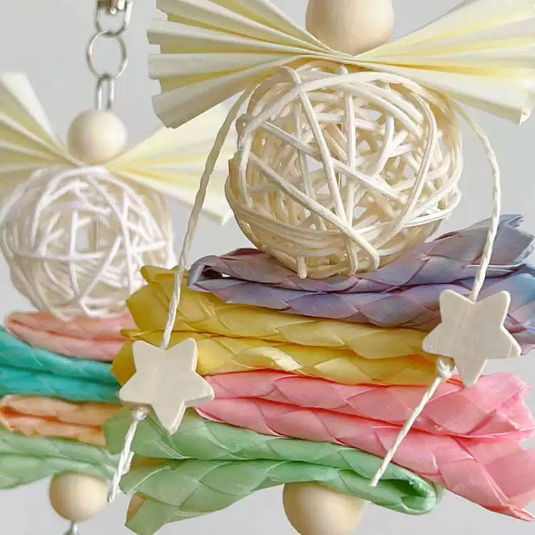 22x9cm Dreamy Style Wooden Star with Palm Leaf Takraw Ball Parrot Handmade Bird Toys Organic Bird Cages Accessories Lovebird Budgie Pacific Parrotlet