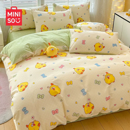 Lovely Chicken Fat Dundun Bedding Cotton 4pcs Set | DunDun with Colourful Ribbon & Heart Green - Children Gift Animal Kawaii Item Room Decoration