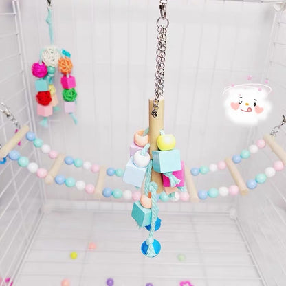 20cm Kawaii Style Wooden Square with Bells Bird Bites Hanging Toy Handmade Bird Toys Organic Bird Cages Accessories