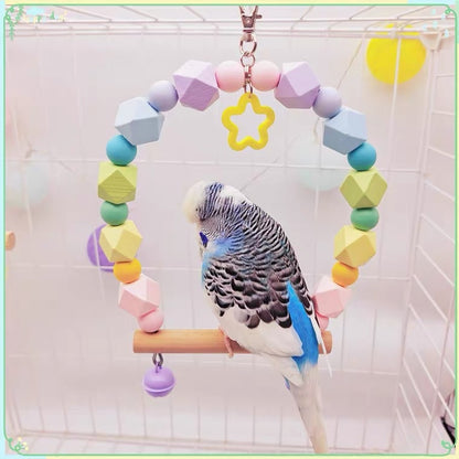 10-15cm Kawaii Style Dreamy Star with Bells Wooden Swings Handmade Bird Toys Organic Bird Cages Accessories Small Parrot Lovebird Budgie