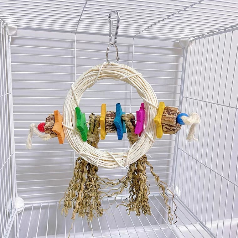 22x25cm Planet Star Seagrass Wood Seed Parrot Toys Hanging Toy Handmade Bird Toys Organic Bird Cages