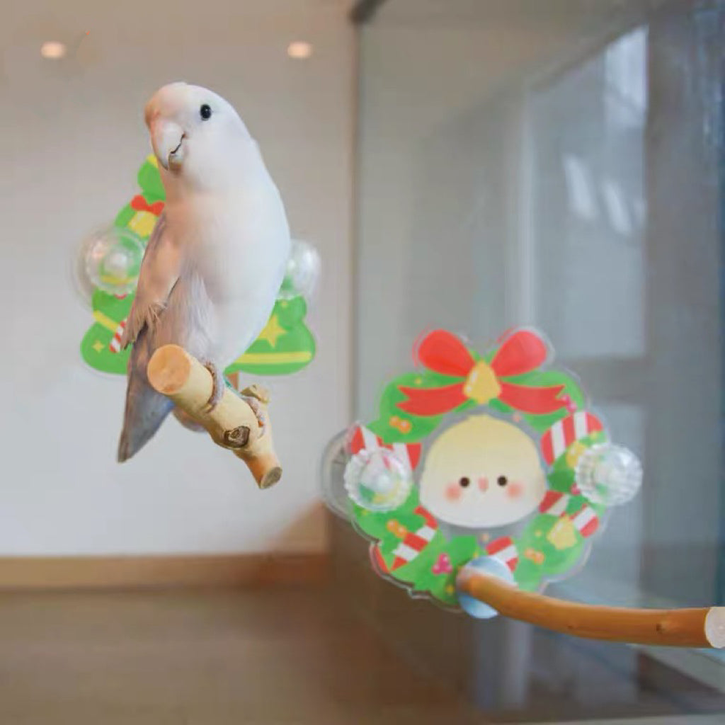 Christmas Xmas Theme Acrylic Parrot Window Bird Wooden Perch Stickers Stand for Small Medium Bird Parrot Lovebird Budgie