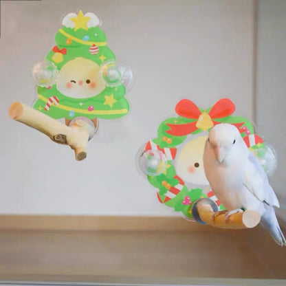 Christmas Xmas Theme Acrylic Parrot Window Bird Wooden Perch Stickers Stand for Small Medium Bird Parrot Lovebird Budgie