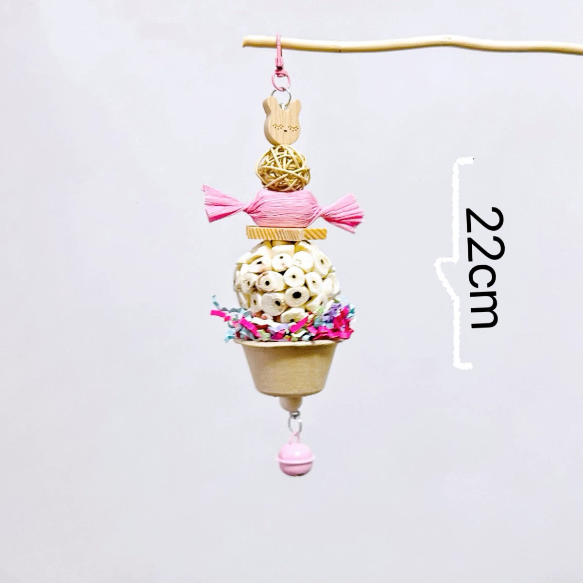 22cm Kawaii Style Colourful Candy with CupCake Bell Bite Hanging Natural Parrot Birdie Toy for Small Medium Size Parrot Cages Accessories