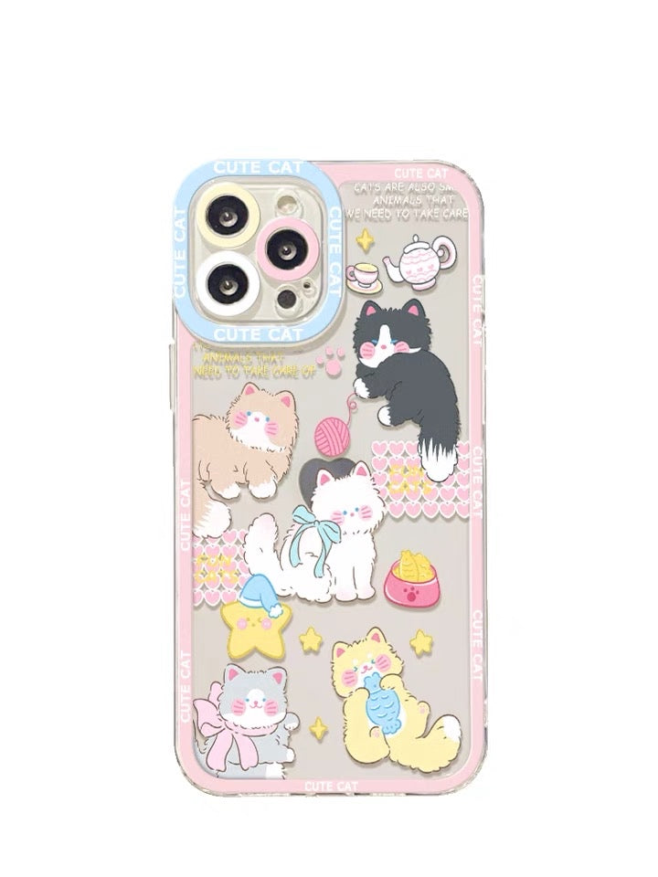 Lovely Cats Pastel Colour iPhone Case 6 7 8 PLUS SE2 XS XR X 11 12 13 14 15 Pro Promax 12mini 13mini