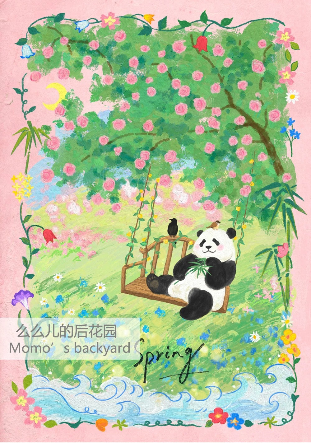 SOULPUZZ 500 Pieces Puzzle | Momo's Backyard - Panda with Swing in Spring Flower Garden Cute Animal Difficulty Stress Relief Couples Trendy Gifts Home Decoration