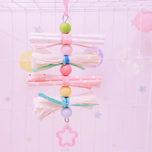 20cm Kawaii Style Acrylic Stars with Paper Bird Bites Hanging Toy Handmade Bird Toys Organic Bird Cages Accessories