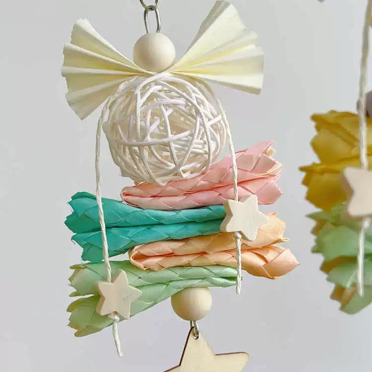 22x9cm Dreamy Style Wooden Star with Palm Leaf Takraw Ball Parrot Handmade Bird Toys Organic Bird Cages Accessories Lovebird Budgie Pacific Parrotlet