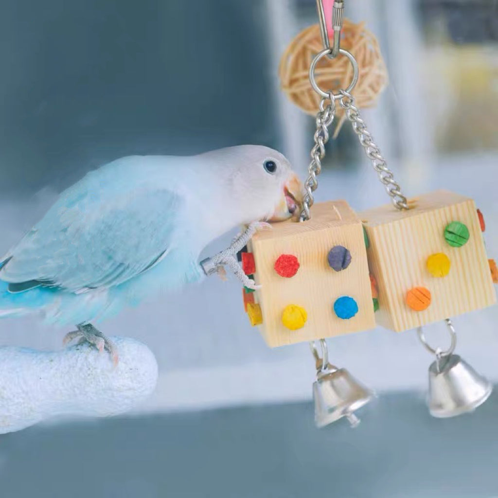 5x5x20cm Dice with bells Wooden and Colourful Cork Bite Toys for Parrot Bird Toys Cages Accessories Lovebird Budgie Pacific Parrotlet