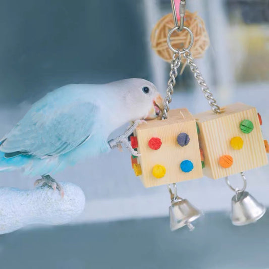 5x5x20cm Dice with bells Wooden and Colourful Cork Bite Toys for Parrot Bird Toys Cages Accessories Lovebird Budgie Pacific Parrotlet