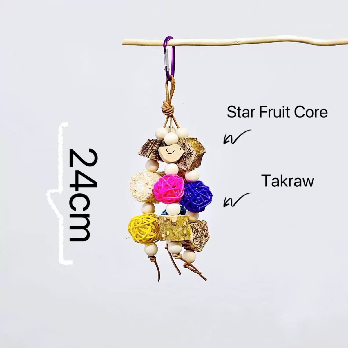 24cm Natural Style Takraw & Fruit Bite Hanging Natural Parrot Birdie Toy for Small Medium Size Parrot Cages Accessories