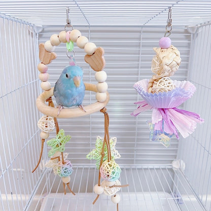 Wooden Bear with Acrylic Stars Wind Chines Swings & Cake Star Bird Bites Hanging Toy Handmade Bird Toys Organic Bird Cages Accessories