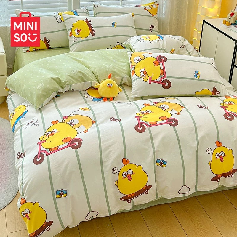 Lovely Chicken Fat Dundun Bedding Cotton 4pcs Set | DunDun Play with Friend Green - Children Gift Animal Kawaii Item Room Decoration