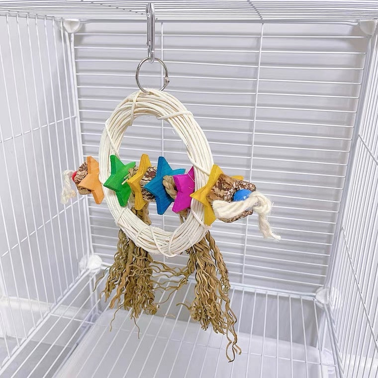 22x25cm Planet Star Seagrass Wood Seed Parrot Toys Hanging Toy Handmade Bird Toys Organic Bird Cages