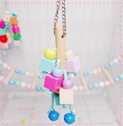 20cm Kawaii Style Wooden Square with Bells Bird Bites Hanging Toy Handmade Bird Toys Organic Bird Cages Accessories