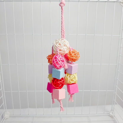 20cm Kawaii Style Wooden Square with Takraw Bells Bird Bites Hanging Toy Handmade Bird Toys Organic Bird Cages Accessories