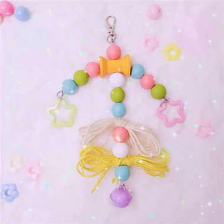 20cm Kawaii Style Wooden Parts with Bells | Colourful Star - Bird Bites Hanging Toy Handmade Bird Toys Organic Bird Cages Accessories