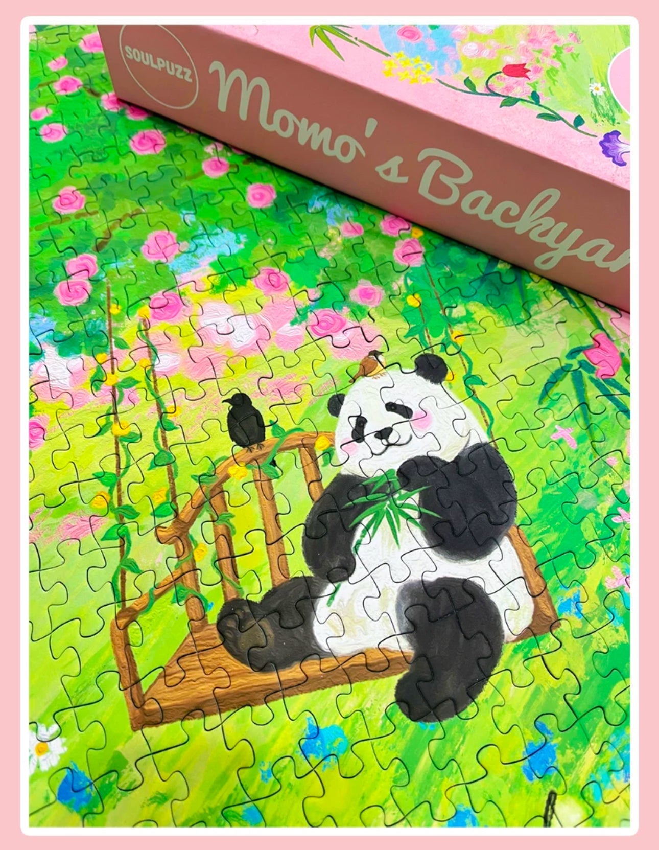 SOULPUZZ 500 Pieces Puzzle | Momo's Backyard - Panda with Swing in Spring Flower Garden Cute Animal Difficulty Stress Relief Couples Trendy Gifts Home Decoration