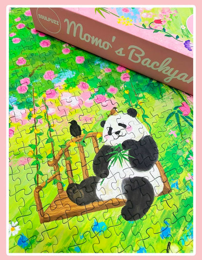 SOULPUZZ 500 Pieces Puzzle | Momo's Backyard - Panda with Swing in Spring Flower Garden Cute Animal Difficulty Stress Relief Couples Trendy Gifts Home Decoration