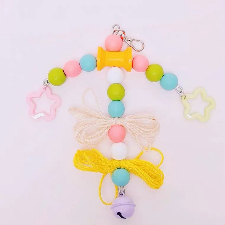 20cm Kawaii Style Wooden Parts with Bells | Colourful Star - Bird Bites Hanging Toy Handmade Bird Toys Organic Bird Cages Accessories