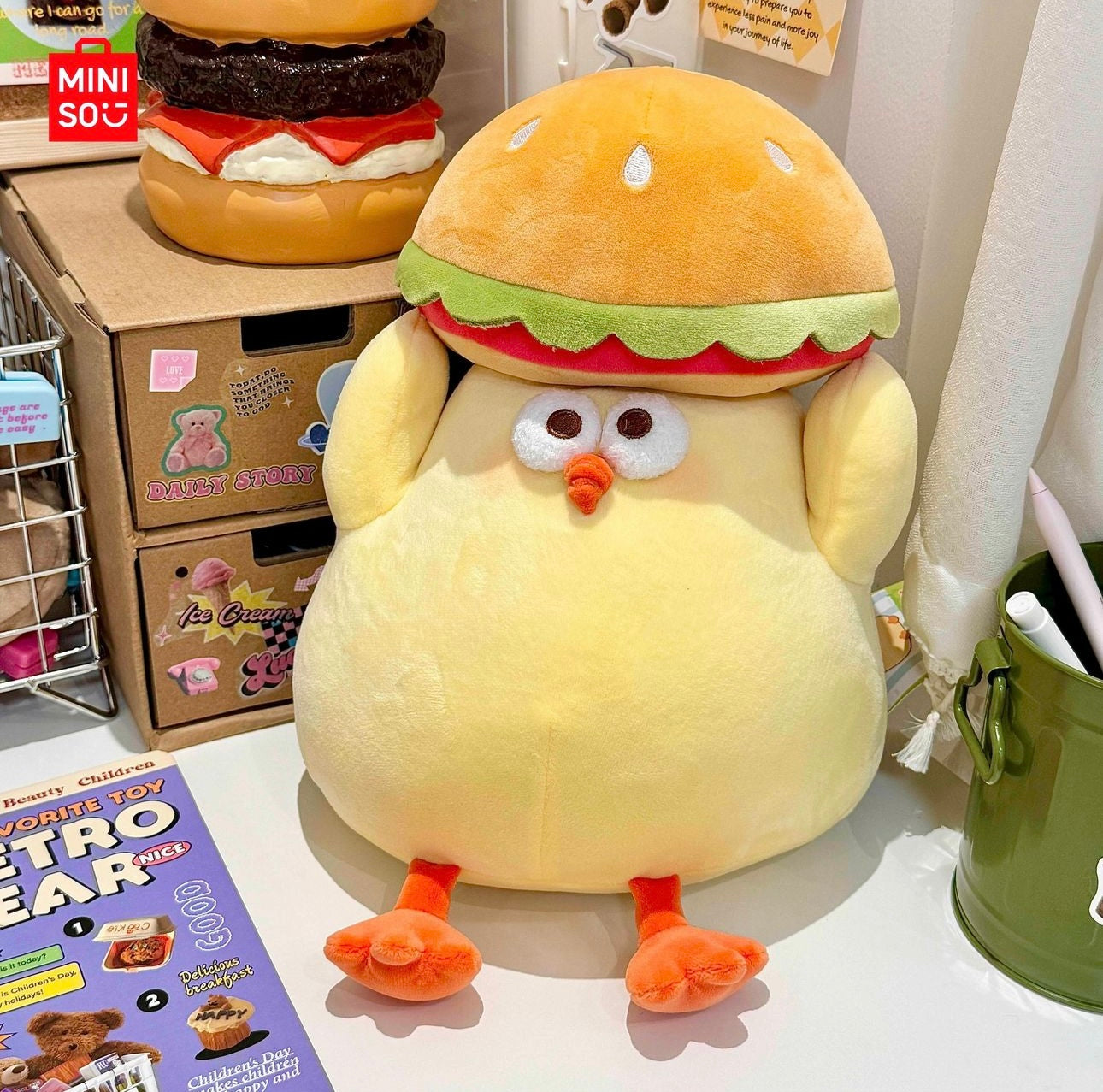 Lovely Chicken Fat Dundun Foods Plush Doll | Hamburger on Head Chick - Children Gift Animal Plush Doll