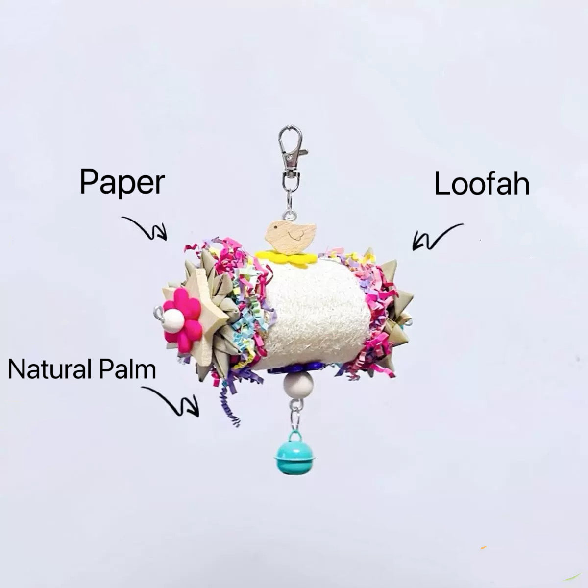 15-23cm Natural Style Colourful Paper with Palm Loofah Bite Hanging Natural Parrot Birdie Toy for Small Medium Size Parrot Cages Accessories