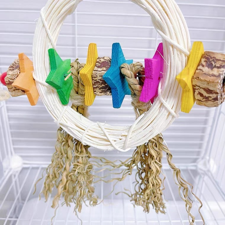 22x25cm Planet Star Seagrass Wood Seed Parrot Toys Hanging Toy Handmade Bird Toys Organic Bird Cages