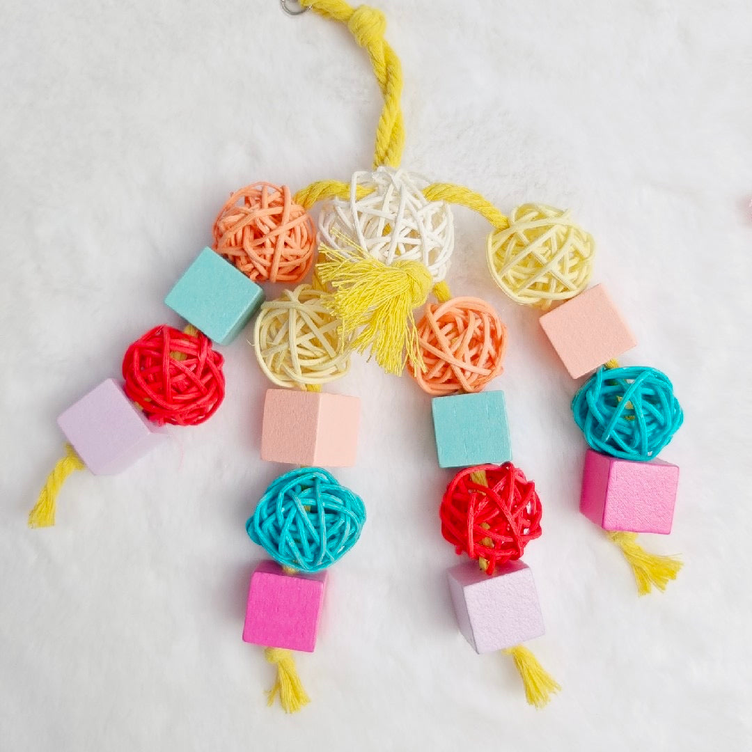 20cm Kawaii Style Wooden Square with Takraw Bells Bird Bites Hanging Toy Handmade Bird Toys Organic Bird Cages Accessories