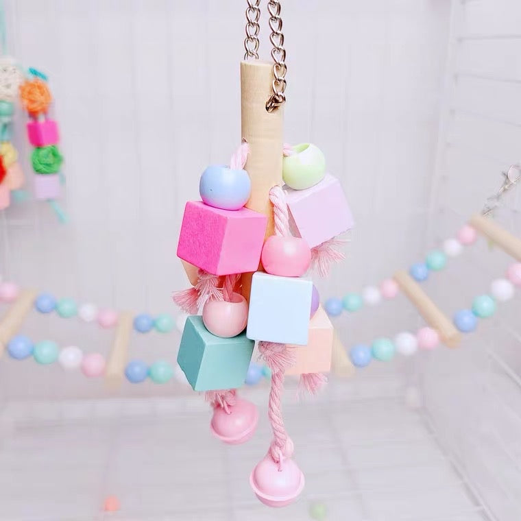 20cm Kawaii Style Wooden Square with Bells Bird Bites Hanging Toy Handmade Bird Toys Organic Bird Cages Accessories