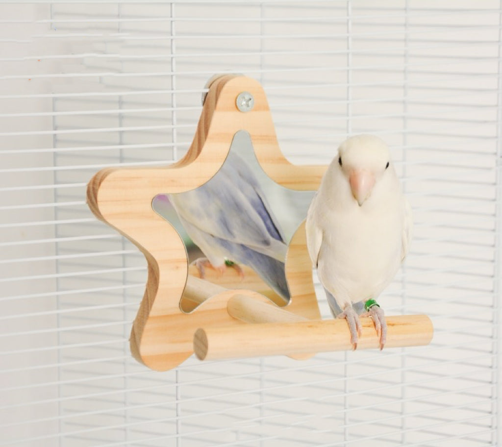 15x15cm Wooden Star Mirror Parrot Toy Handmade Bird Toys Organic Bird Cages Accessories for Small Birdie Lovebird Budgie Pacific Parrotlet