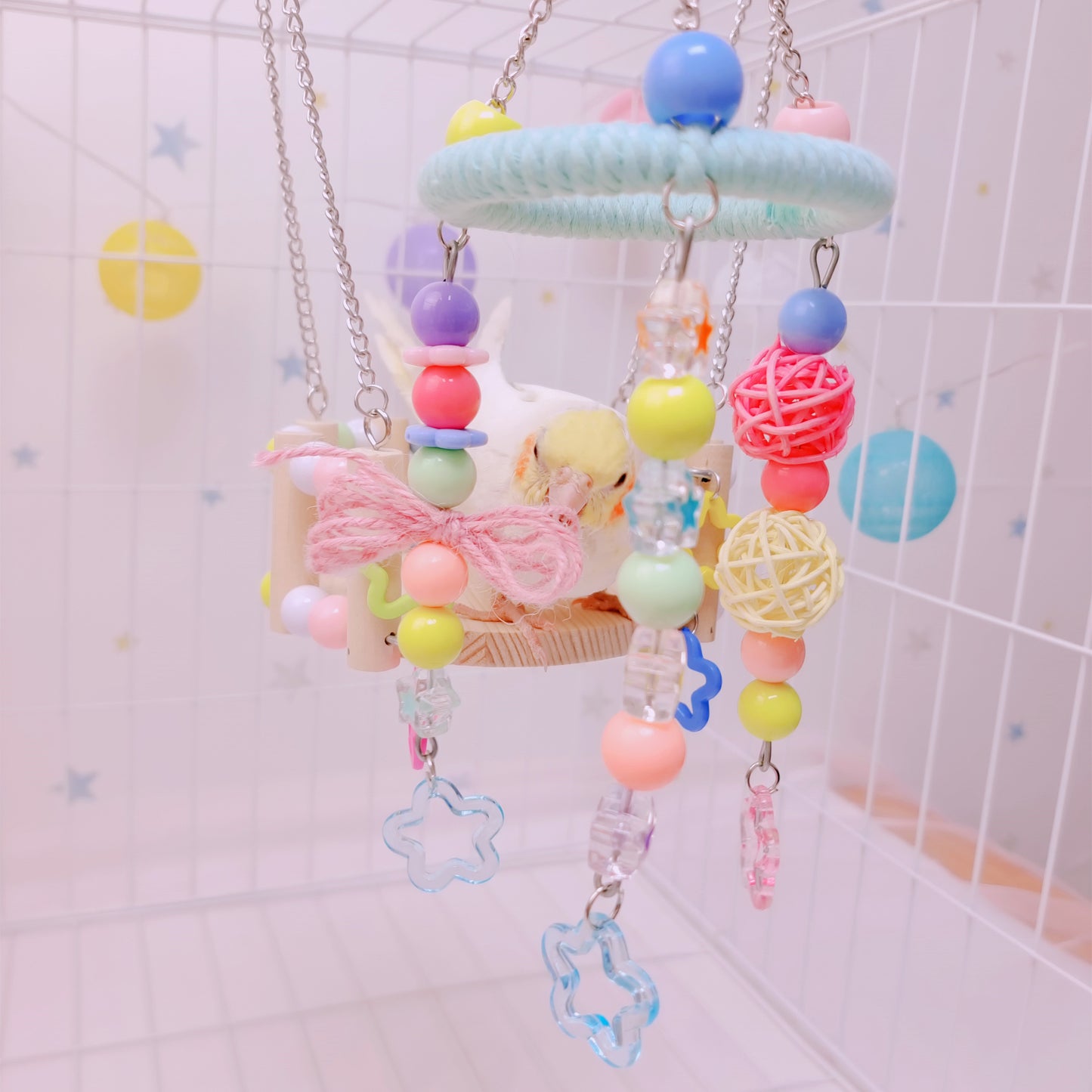 20cm Kawaii Style Pink Blue Baby Star with Takraw Birdcage Decorative Parrot Toys Hanging Toy Handmade Bird Organic Bird Cages Accessories