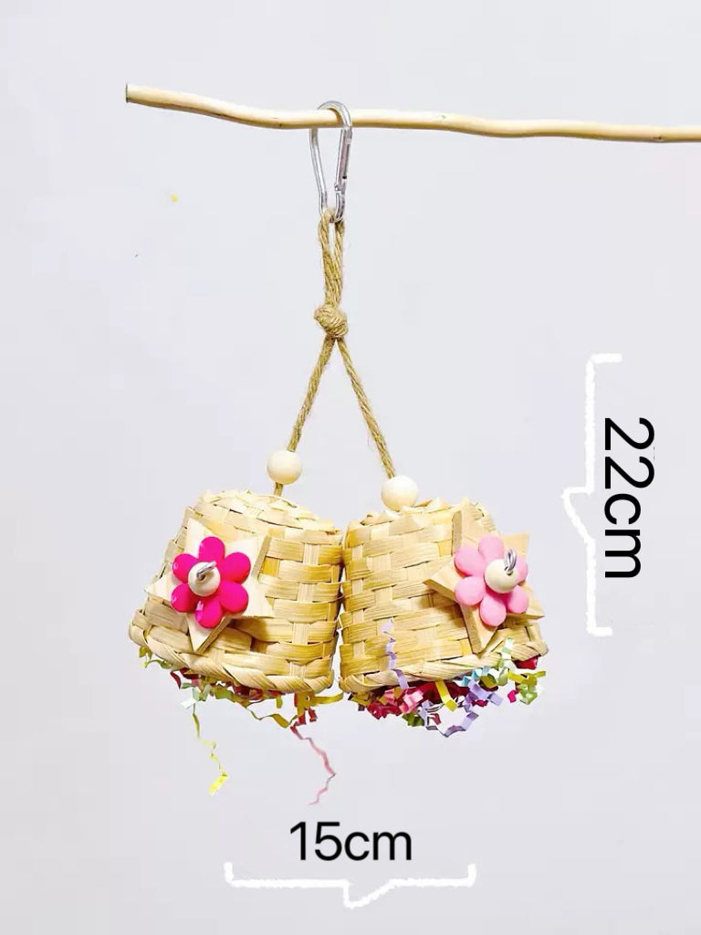 22x15cm Parrot Toy Bamboo Baskets with Colourful Paper Bird Bites Hanging Toy Handmade Bird Toys Organic Bird Cages Accessories