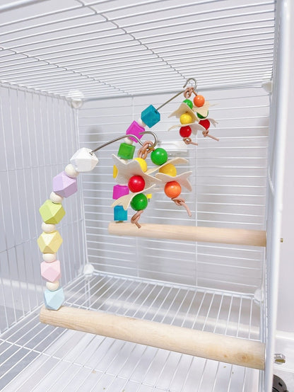 22cm Rainbow & Pastel Wooden Stand Perch with Hanging Toy Handmade Bird Parrot Toys Organic Bird Cages Accessories