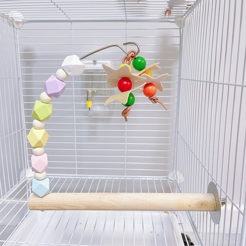 22cm Rainbow & Pastel Wooden Stand Perch with Hanging Toy Handmade Bird Parrot Toys Organic Bird Cages Accessories